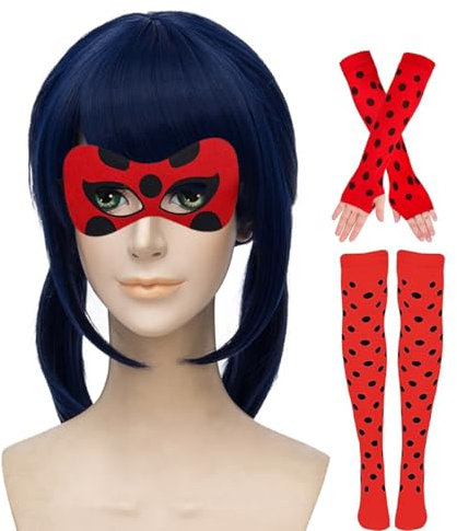 TANTAKO 5 Pcs Kurze Blau Perücke mit Maske Socken und Handschuhe für Damen Halloween Cosplay Kostüm