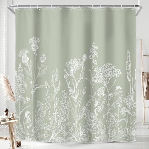 Riyidecor Duschvorhang, extra lang, dekorativ, rustikal, florales Design, Kräuter, Frühling, Natur, Kunstdruck, Polyester, wasserdicht, mit 12 Kunststoffösen, ca. 180 x 210 cm (B x H), Salbeigrün,