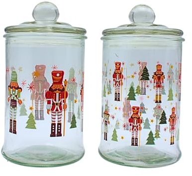 Dekohelden24 Aromadose, Frischhaltedose, Glasbehälter mit Weihnachtsmotiv, Keksdose mit Nussknacker Motiv aus Glas, H/Ø: 15 x 8 cm, Fassungsvermögen 300ml pro Glas, Lieferumfang 2 Vorratsgläser.
