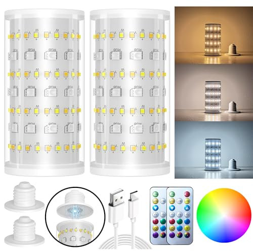 Nekhung 2 Packs Rechargeable Light Bulbs for Lamp, Battery Operated Light Bulb 10000mAh Battery Lighting Time Up to 70 Hrs, RGB Dimmable Cordless Light Bulb with Remote Control for Power Outage