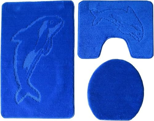 Ilkadim Export 3-teiliges Badset WC Delphin Muster einfarbig, Badteppich 55x85cm, WC-Vorleger mit Ausschnitt für Stand-WC (Royalblau)
