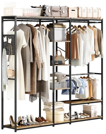 Generisch Kleiderständer, Kleiderstange L-Typ/I-Typ, Freistehend Kleiderschrank mit Holzregal, 450KG Belastung Stabile Garderobenständer & Offener Kleiderschrank für Schlafzimmer, 218x200x36 CM
