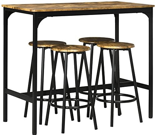 HOMCOM 5 Piece Bar Table Set, Industrial Dining Table Set for 4 with Stools, Metal Frame, Footrest for Kitchen, Living Room, Small Space, Rustic Brown