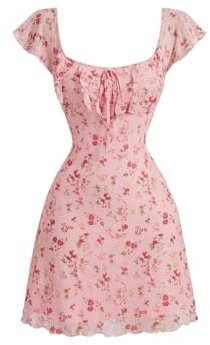 GORGLITTER Women's Floral A Line Flared Short Dress Scoop Neck Tie Front Cap Sleeve Vacation Dresses Pink Medium