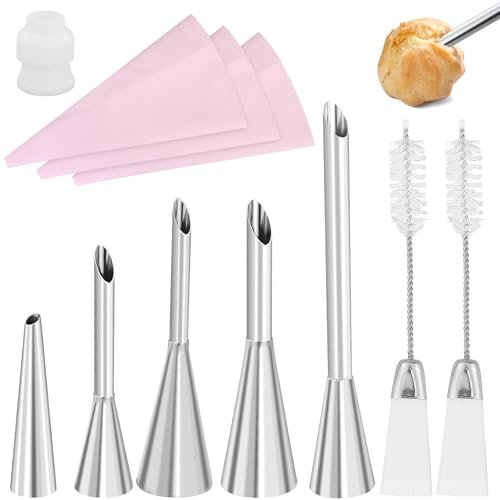 5 Douilles Pâtisserie Petit Choux et 3 Poches à Douille en Silicone Réutilisable, Douilles Professionnelles en Acier Inoxydable à Garnir, Cupcake Puffs Injection Seringue(1 Adaptateur)