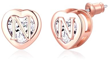 Herz Initial Ohrstecker 14K Rose Gold plattiert CZ Hypoallergen Alphabet Buchstabe Initial Ohrringe Geburtstag Geschenke für Frauen(N)
