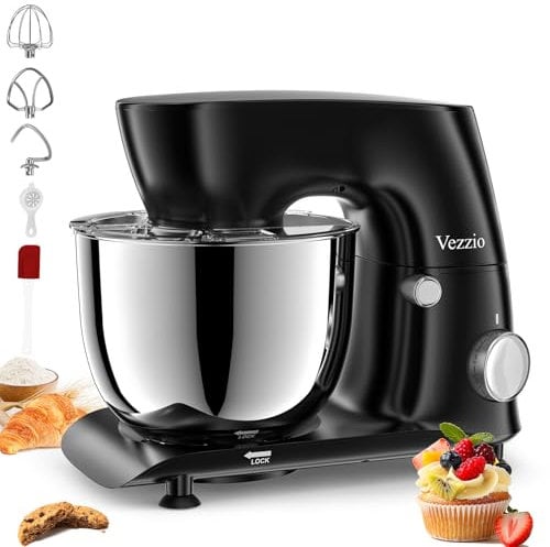 Vezzio Batidora 1500W con Tazón 5.5QT Acero Inoxidable, 10 Velocidades, Gancho/Batidor/Protector, Apt. Lavavajillas para Repostería Casera y Profesional (Negro)