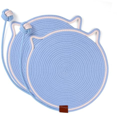UIOK Kratzmatte Katze,2 Stücke Kratzpappe Katze Blau Runder Kratzbrett mit Baumwollkugel Katzen Spielzeug, Sisal Kratzteppich 42x42cm Natürliche Katzenkratzbretter für Schützt Teppiche & Sofas (Blau)
