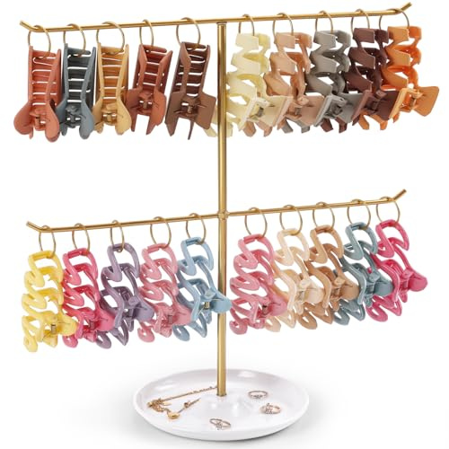AOFLLU Metall-Krallen-Organizer, 2-stöckiger Haarspangenhalter mit Tablett, Haarspangen-Aufbewahrungsregal mit 20 goldenen Ringen, Haar-Accessoire-Organizer, Raumdekoration für Frauen und Mädchen