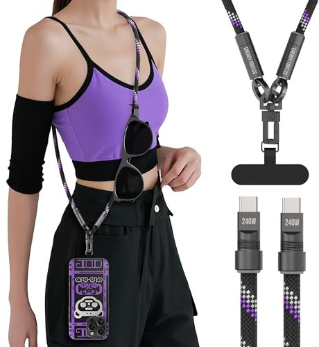 240W Cordon Telephone Portable Pour Câble usb c charge rapide,avec Porte-Clés en Zinc, LED Violette, Tressé Résistant-Four Samsung Galaxy A16/A05/A34/A55/A56 5G, iPhone 16,Xiaomi 15 (1.5m cable)