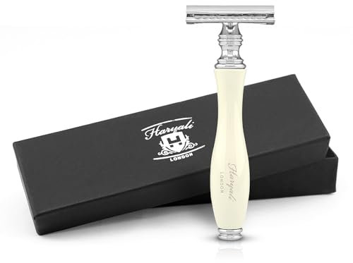 Haryali London Rasierhobel mit Doppelklinge für Damen und Herren – Doppelklinge aus Metall – Elfenbein-Imitat – Wiederverwendbarer Rasierer – Ergonomisch – Passend für alle DE-Klingen