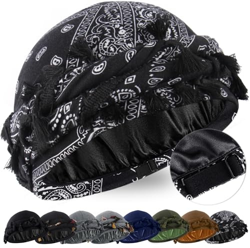 Babalet Halo Turban Satin-gefütterter Durag mit Zopf für Herren | Satin-gefütterter Halo-Turban mit Vorgebundenem Zopf Vielseitig als Schlafhaube, Chemo-Hut, Sportband oder für Herren & Damen
