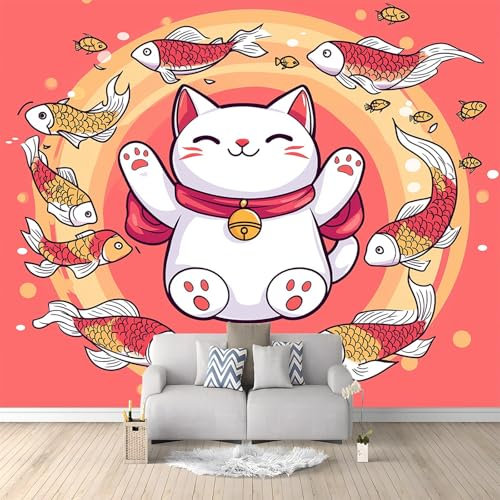 WHUOEUCO Papier Peint Panoramique Chat Et Poisson De Dessin Animé 500x280 cm Papier Peint Murale Intissé 3D, Tapisserie Poster Decoration Murale pour Chambre Salon Bureau
