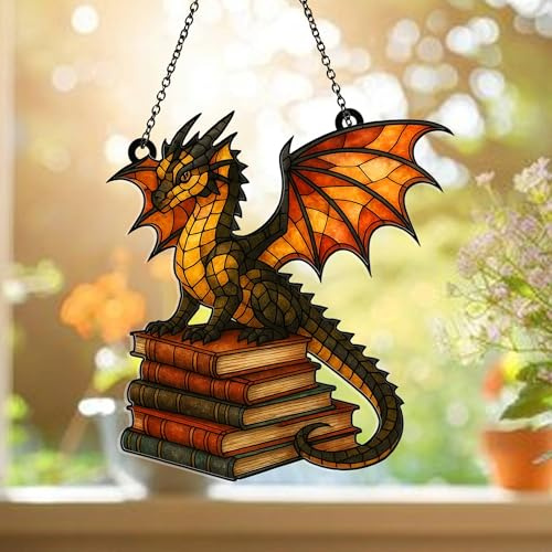 Dragon Book Acrylic Suncatcher for Windows Hanging – Dragon Suncatcher Ornament - Whimsical Decor Book Lovers Gifts, Bookshelf Decor (Sun-21)