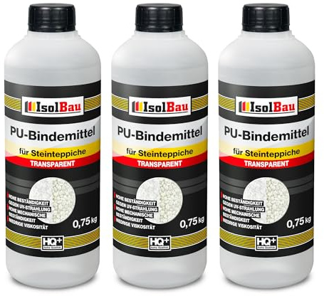 Isolbau - 1 K PU-Bindemittel für Steinteppich - 3 x 0,75 kg - Transparent - Hervorragende Haftung & Elastizität - Gebrauchsfertig - für Innen- und Außenbereich - Treppen, Balkonen, Garten, Wegen