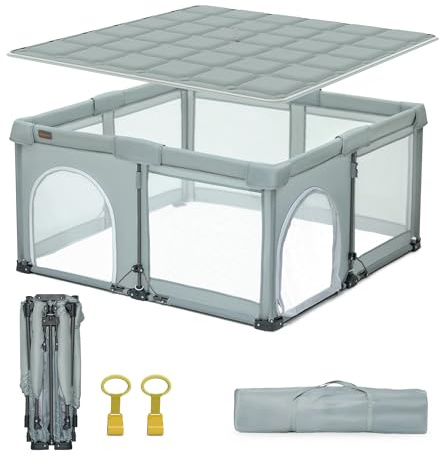 Heyo.Ja Baby Laufgitter faltbar, Tragbarer Pop-Up Laufstall mit Verstärkter Matte, Leicht zu Falten, Sicherheitsgitter für Innen & Außen(127 * 127 * 67cm)