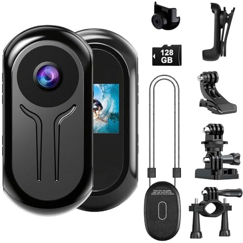 OBEST Mini Thumb Action Camera POV 1080P with 128GB Card Bike Helmet Camera Body Camera, Portable Vlogging Cam, Wearable for Motorcycle, Work, Travel, Pet Walking, Night Vision Not Waterproof Black