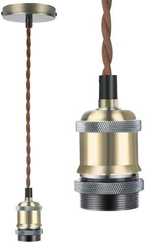Licperron Vintage Pendant Light Fitting Kit, Brown Twisted Braided Flex Ceiling Lamp, E27 Light Fitting Kit - Antique Brass. 1pack