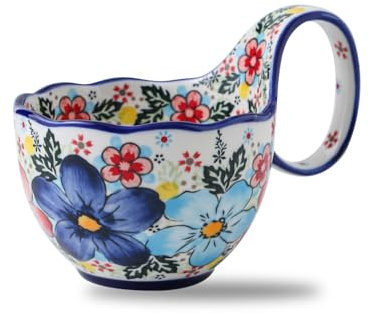 15oz Large Soup Bowl with Loop Handle, Polish Pottery Ceramic Handpainted Decorative Mug Cup with Handle, Bowl for Soup Cereal Fruits Chili Stew Ice cream Dishwasher & Microwave Safe Housewarming Gift