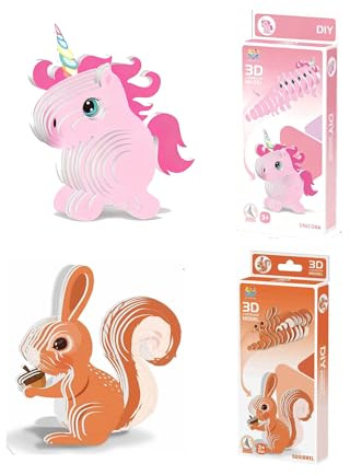 SiumPklay Peel & Stick 3D Puzzle Animal Kits: Squirrel & Unicorn with Snap-Fit & Pre-Applied Adhesive | Instant Assembly Eco Cardboard Models, STEM Toys for Kids Ages 6+ (2-Pack)