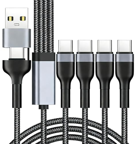 Rivvra Multi Charger Cable 2 to 4 Type C Charging Cable, Nylon Braided Multi Charging Cable Black, USB Multi Charger Cable with Four Type-C Outputs for Type-C Devices Home Office Travel Use