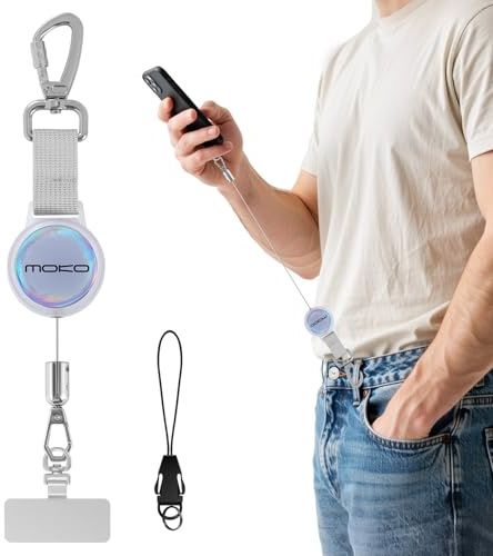 MoKo Anti-Theft Phone Lanyard with Retractable Steel Line | Lockable anti-drop phone strap with 360° tether tab for outdoor activities, Transparent & Silver