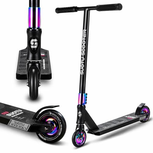 SUOTU Patinete Freestyle, Dirección de 360°, Ruedas de PU de 85A 100 mm, Scooter Freestyle para Niños Adolescente y Adultos, Capacidad Máxima de Carga: 100 kg, Aluminio (Negro – Arcoíris)