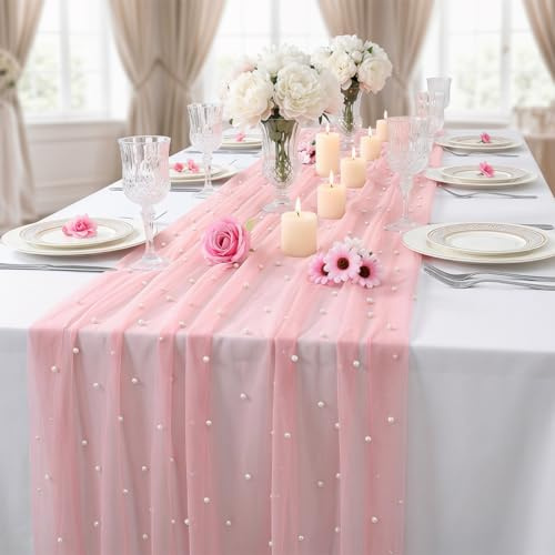 Tischläufer Rosa mit Perlen für Hochzeit, Geburtstage, Party (80 x 300 cm) | Tischläufer Tüll mit Perlen,Käsetuch Tischdecke Spitze Perlen Tüll Stoff Tischband für Brautparty & Küche Tisch Dekoration