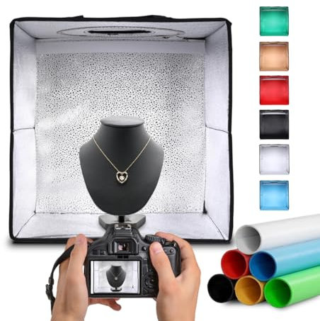 NK Scatola Box Fotografico (30x30cm) - 3 temperature di luce LED, Luminosità Regolabile x10, RA90, Piccoli Prodotti Gioielli, Maniglia per il Trasporto (6 Sfondi Colorati)