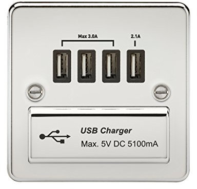 Knightsbridge SPQUADPC FPQUAD FPAVQUADPC Flat Plate 1G Quad USB Charger Outlet 5V Dc 5.1A-Polished Chrome Black Insert