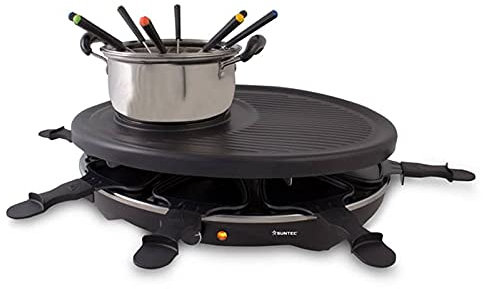Suntec Wellness RAC-8458 Raclette-Fondue-Set, 2 in 1 Set für bis zu 8 Personen, Aluminium-Grillplatte mit Edelstahl-Fonduetopf 1,4 L, Gabeln plus Spatel, maximal 1200 W