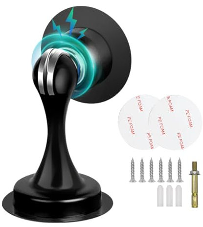 Magnetic Door Stopper Adhesive Black Door Stop Wall Floor Mount Stainless Steel Magnetic Door Catch Holder Wall Protector, No Drill