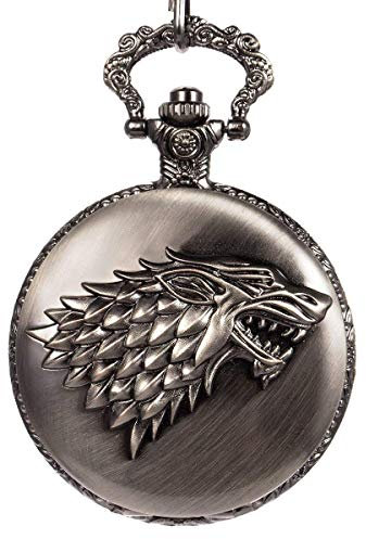 MORFONG Herren Damen Taschenuhr Analog Quarzwerk mit Kette Wolf Schwarz