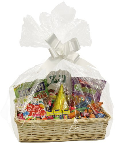 H-line Make Your Own Hamper Kit - Large Rectangle Wicker Basket Cellophane Wood Shred Bow Set (Natural) - Ideal for Christmas/Easter/Newborn Gift Hamper