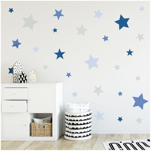 yabaduu 120 Sterne Aufkleber im Set auf 4 Din A4 Bögen Pastell Sticker Wandtattoos 9-2cm je Stern Wandsticker Dekor für Kinderzimmer Babyzimmer für Junge Mädchen Y050-2 (Blau)