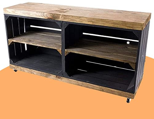 Truhenking TV-Schrank aus Regalkisten schwarz und „Used“ auf Rollen 100cm x30cm x50cm Fernsehtisch Black braun klassisch Weinkisten Tisch Schrank Vintage Obstkiste Fernsehregal Mehrzweck Wohnzimmer