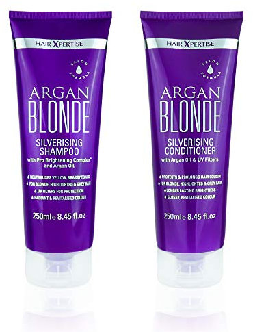 No Yellow Purple Shampoo & Conditioner für blondees, graues und gesträhntes Haar (250 ml Duo) Silberisierendes Shampoo mit Arganöl zur Entfernung von Gelb- und Messingtönen
