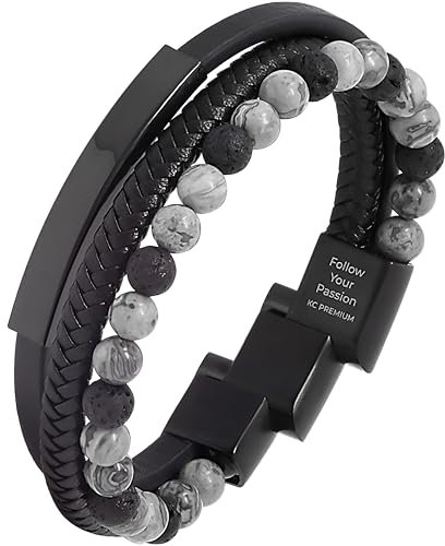 KC Premium Männer Lederarmband mit Lavastein Jasper Perlen | Handgemacht Armband inspirierende Gravur | Grössenverstellbar Magnetverschluss Edelstahl | Geschenk Schmuckbox Herren (Silber Grau Schwarz)