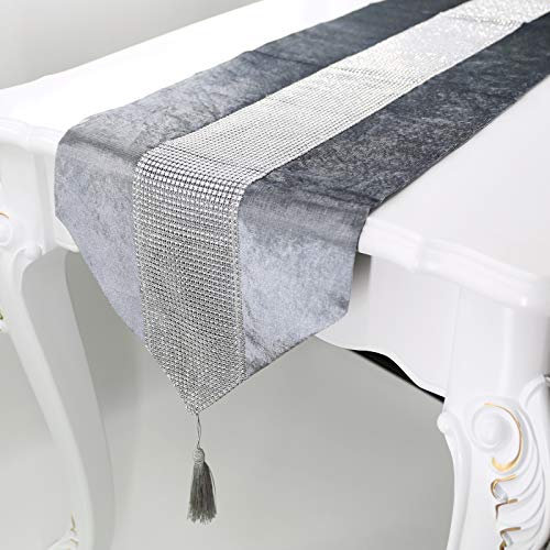Deggodech Grau Tischläufer mit Quaste 32 x 210 cm Lang Modern Glitter Tischläufer Silber Diamant Table Runner für Küchentisch, Kaffeetisch, Kommode,Weinschrank Dekoration (210cm, Grau)
