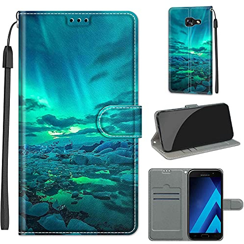 Hülle für Samsung Galaxy A5 2017 Handyhülle, grüne Aurora | Standfunktion, Kartenfach, Magnetisch, Stoßfeste Schutzhülle, Flip Leder, Klapphülle