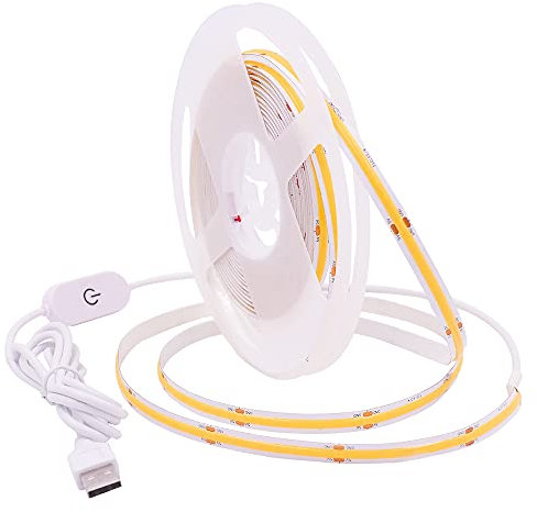GQL Dimmable COB LED Strip with White Dimmer Switch, 5V USB Flexible Light Ribbon, Self-Adhesive Tape for Indoor Home Commercial Cupboard TV Backlight (Cold White, 3m)
