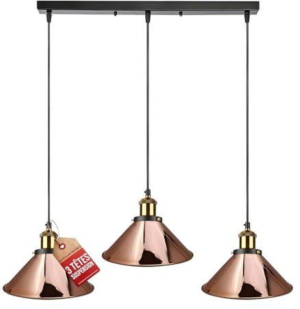 LEDSone 3 Head Rose Gold Vintage Industrial Ceiling Hanging Light Shade Loft Style Metal Ceiling Pendant Lamp for Kitchen Island, Living Room, Dining Room E27 UK Holder Kit, Rose Gold, Cone
