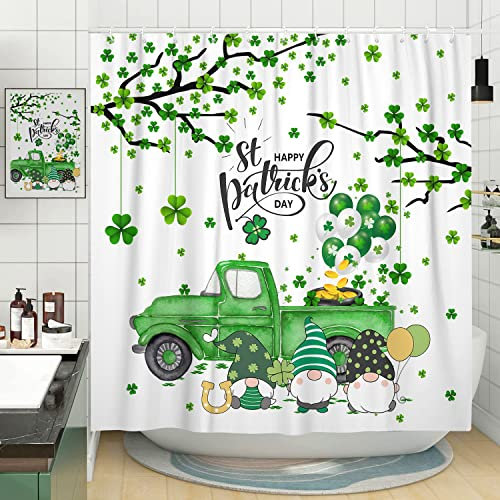 St. Patrick's Day Duschvorhang für Badezimmer, grünes Kleeblatt Zwerg Heiligen Stoff Duschvorhänge Set, Lucky Shamrock Elf Truck Ballon Urlaub Toilette Dekor Zubehör mit Haken 183 x 183 cm