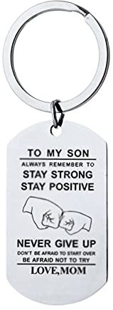 Homxi Schlüsselanhänger Edelstahl Damen Herren,Dog Tag mit Gravur to My Son Remember.. Stay Strong Mom“ Schlüsselanhänger Ring Silber
