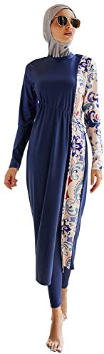 OBEEII Einteiliger Muslimischer Badeanzug Damenmode Sexy Bikini-Set Muslimischer Badeanzug Volle Abdeckung für Damen, Dreiteiliger Oberteil + Hose + Hijab Navy Blau M