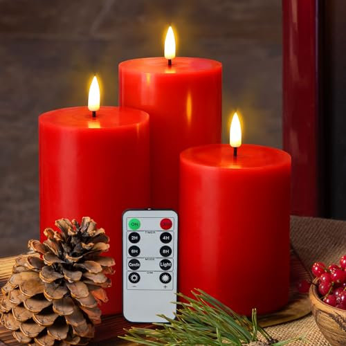 Eywamage Red Flameless LED Pillar Candles with Remote, Flickering Wax Battery Operated Christmas Candles Set of 3