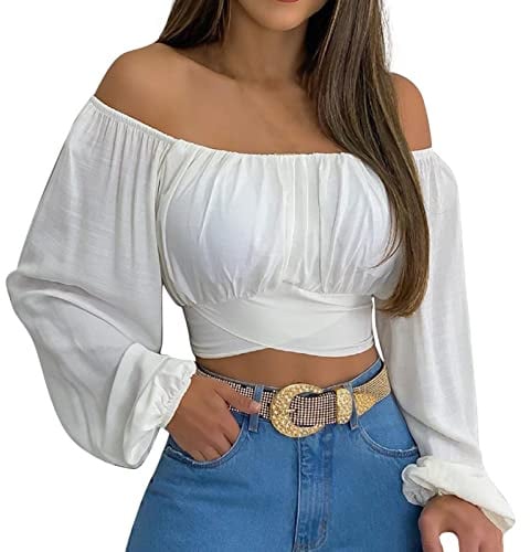 Top Corto con Hombros Descubiertos para Mujer, Top Corto con Hombros Descubiertos, Camisa de Manga Larga con Hombros Descubiertos, Blusa con Estampado de Flores de Verano, Tops, Túnica con Mangas Abul