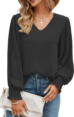 Odosalii Tunic Tops for Women UK Semi Formal V-Neck Shirt Casual Chiffon Pullover Long Sleeve Blouses Black Basic Pleated Puff Sleeves Tops