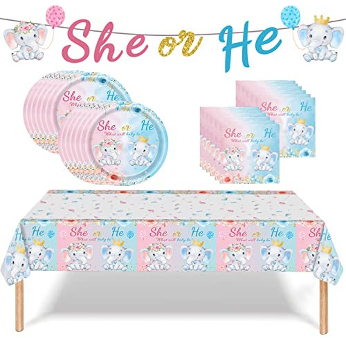 Elephant Baby Shower Gender Reveal Tableware for Girls, Boys - 38Pc She/He Gender Reveal Theme Decorations - Table Cloth, Plates, Napkins, Banner, Dinnerware Party Supplies
