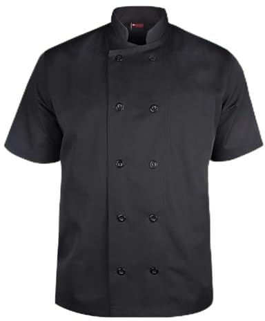 P-H Chef Jacket Traditional Plastic Button Short sleeve Kitchen Workwear (Black, M)
